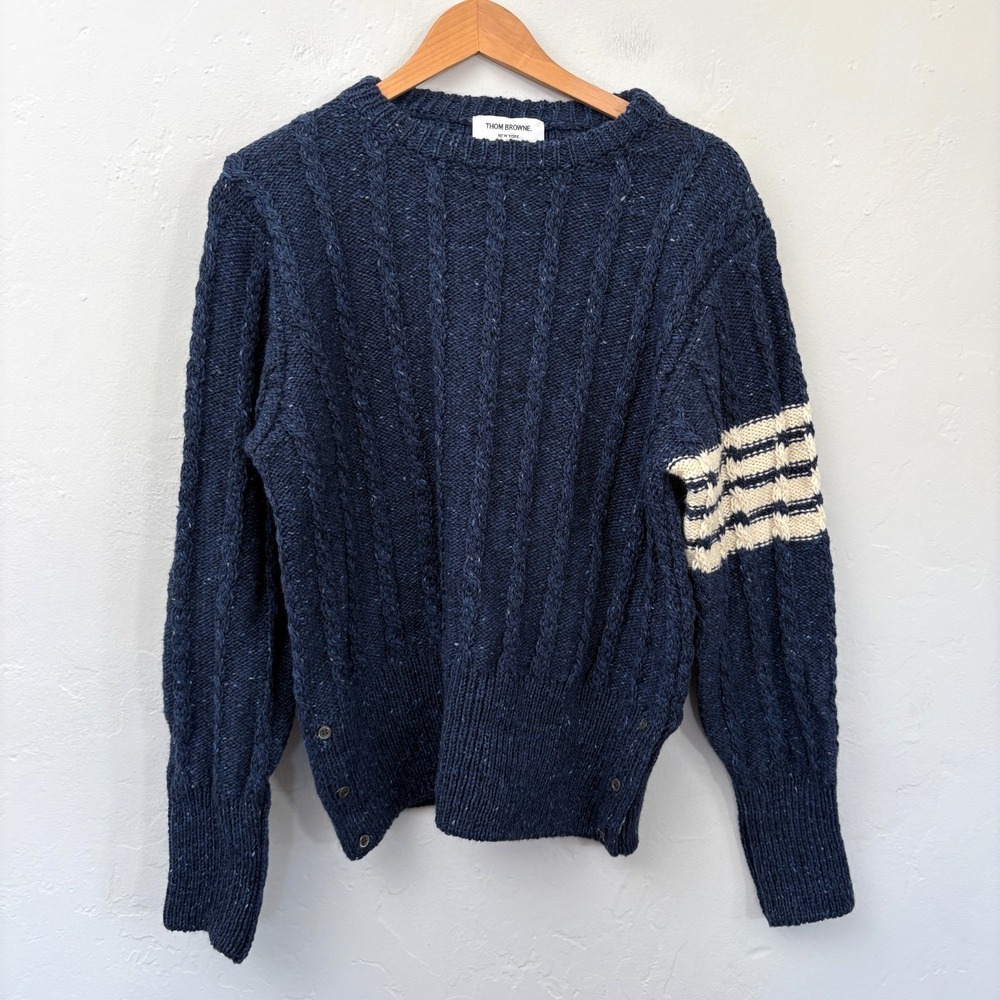 Thom Browne Twist Cable Crewneck Sweater Men Size 5 Blue Wool Mohair 4 Bar